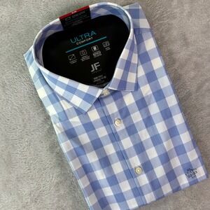 JF J. Ferrar Mens Dress Shirt XL Blue Gingham Slim Fit Ultra Comfort 17-17.5 NWT